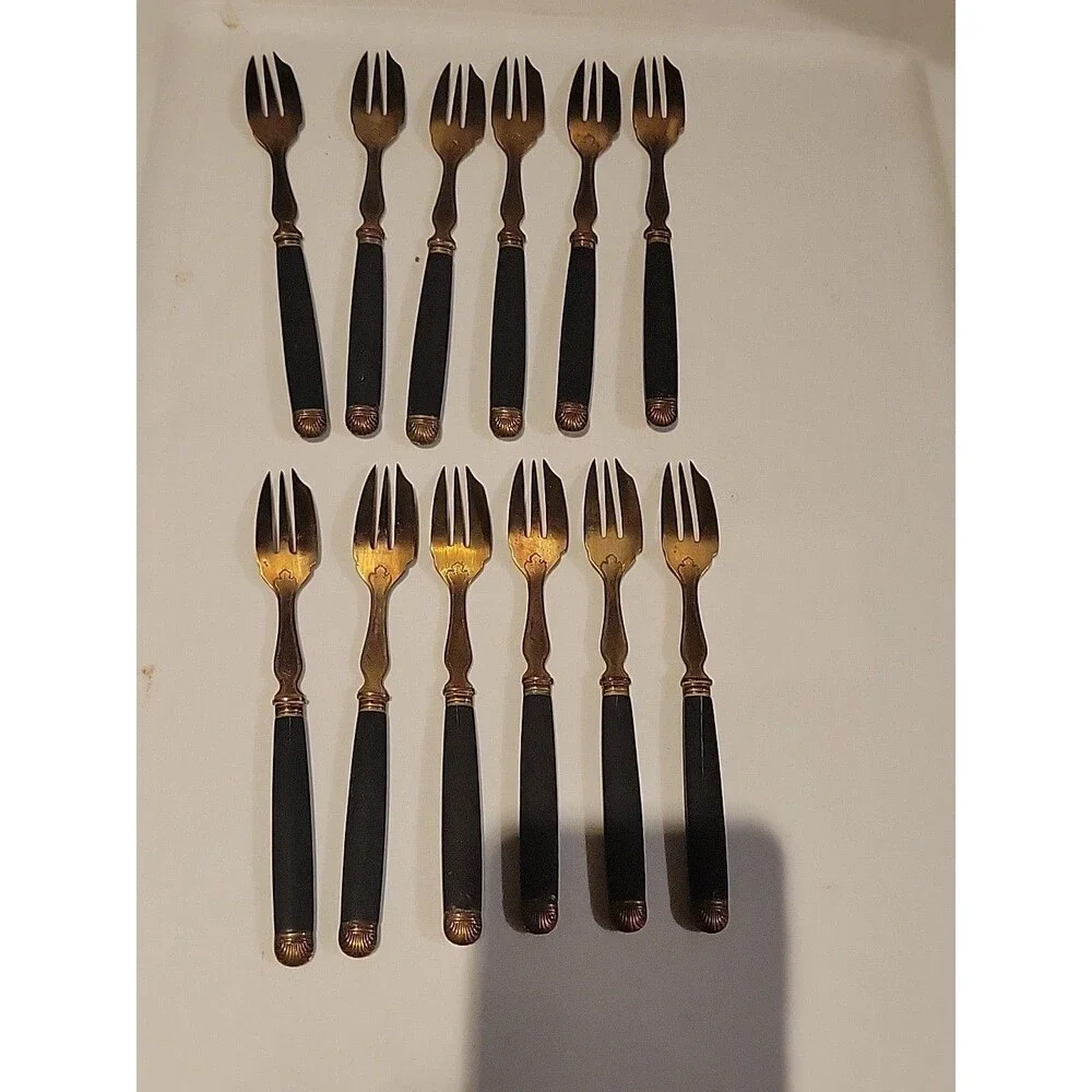 RARE Set Of 12 Antique Pie Forks Leduc Paris France Goldtone Black Victorian Lot